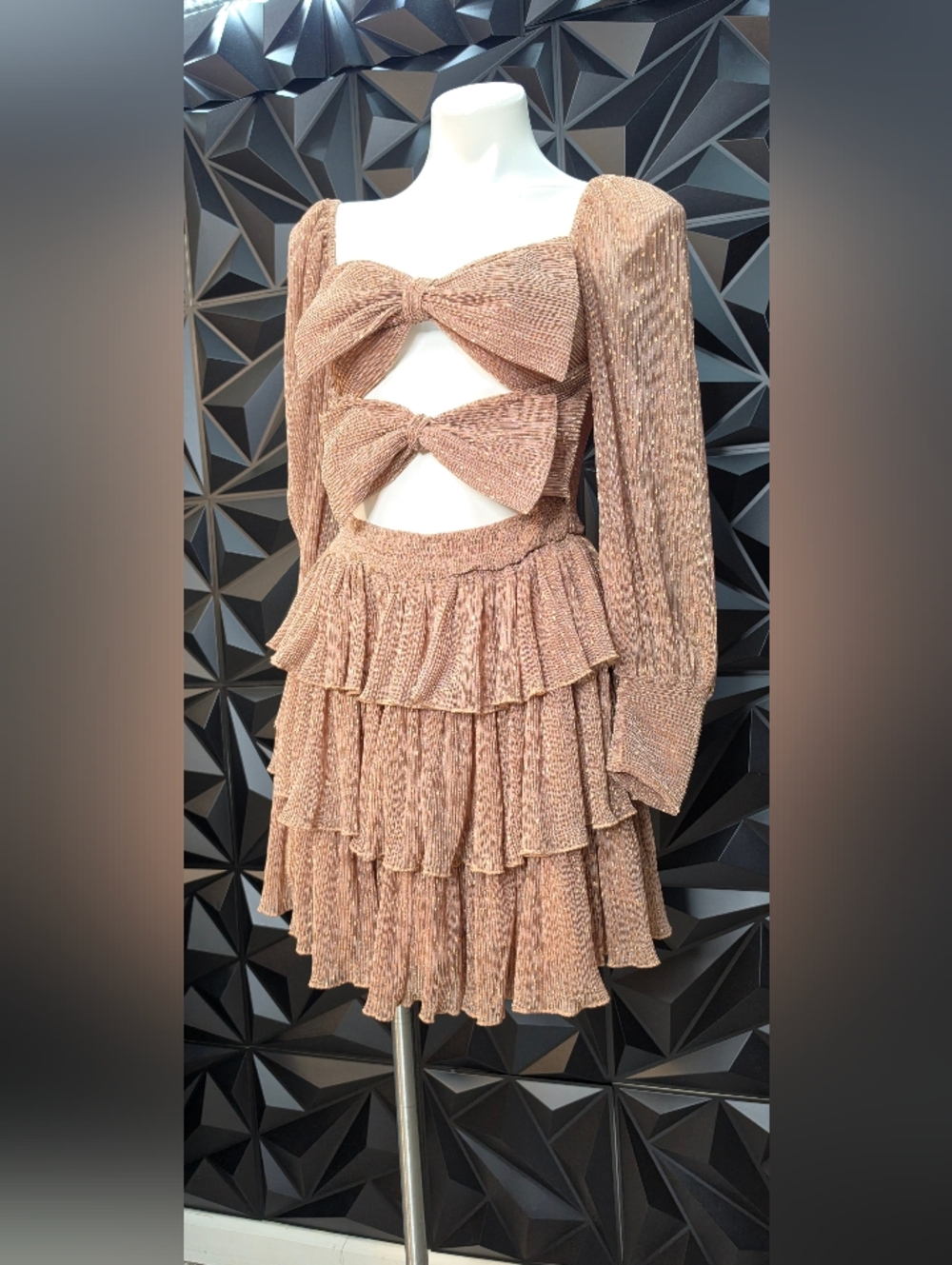 Bow Cutout Tiered Mini Dress - Beige